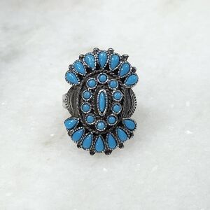 Vintage Sanford Nickel Silver Turquoise Zuni Style Petit Point Ring Adjustable